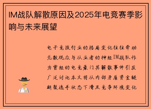 IM战队解散原因及2025年电竞赛季影响与未来展望