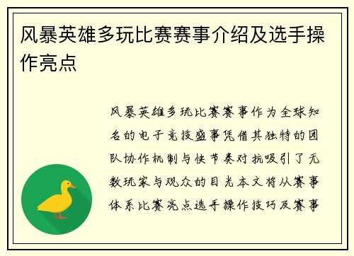 风暴英雄多玩比赛赛事介绍及选手操作亮点